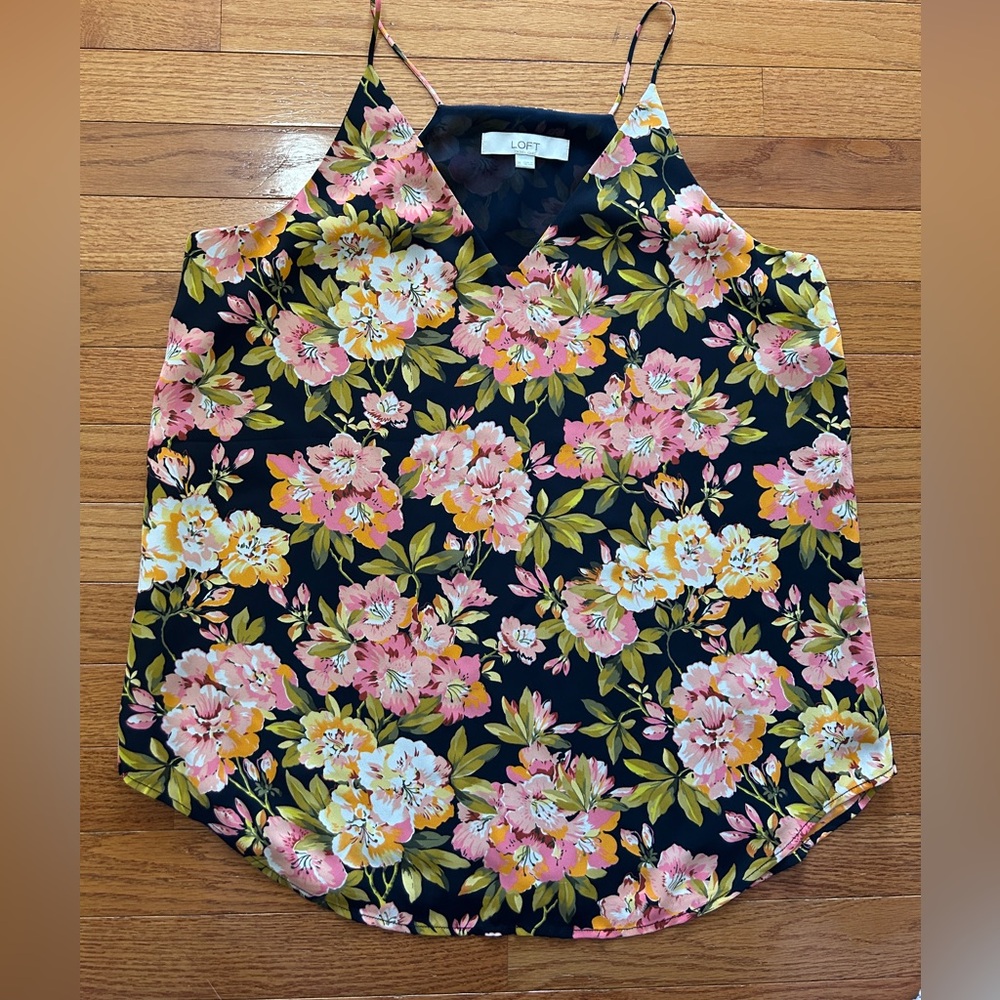 Loft Blouse Women's Size M Black Multicolor Floral Shell Tank Spring Summer